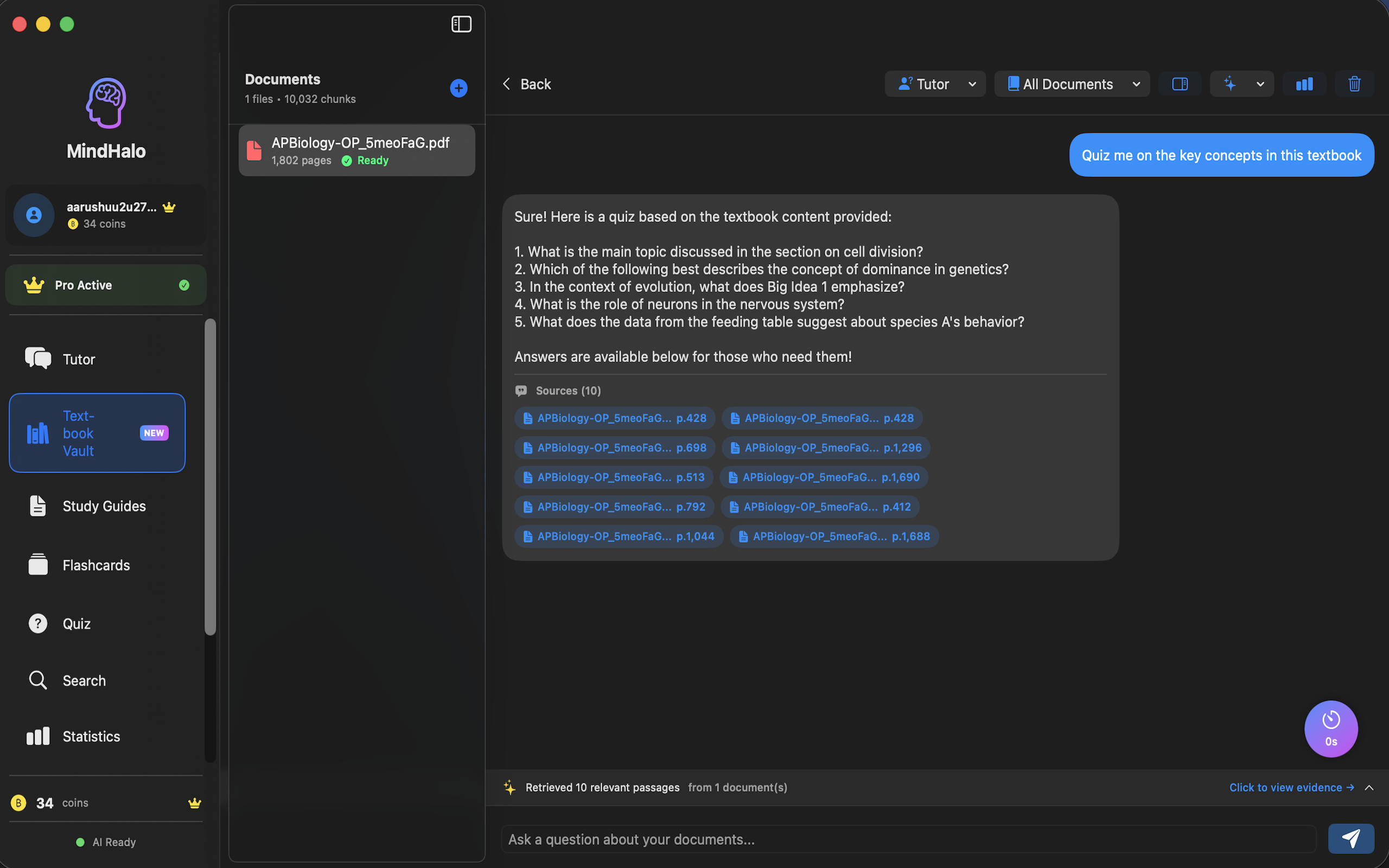 MindHalo application interface for AI-powered textbook analysis