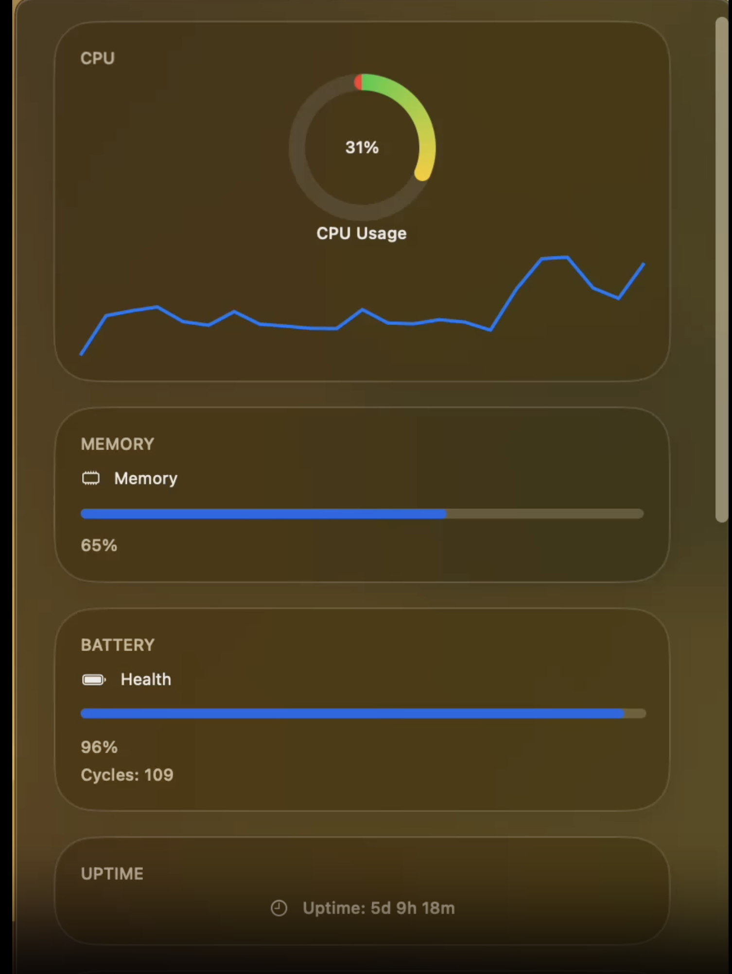 Vitality system monitor dashboard with CPU and battery health stats